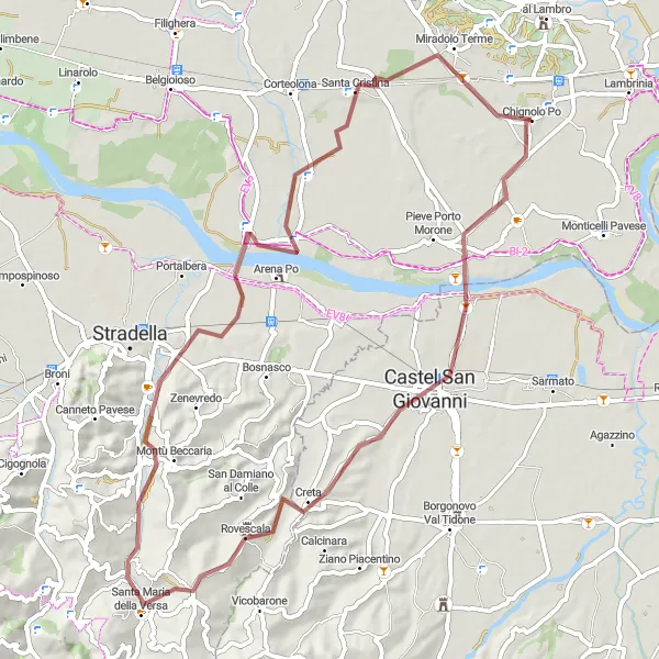 Miniatuurkaart van de fietsinspiratie "Uitdagende gravelroute naar Montescano" in Lombardia, Italy. Gemaakt door de Tarmacs.app fietsrouteplanner