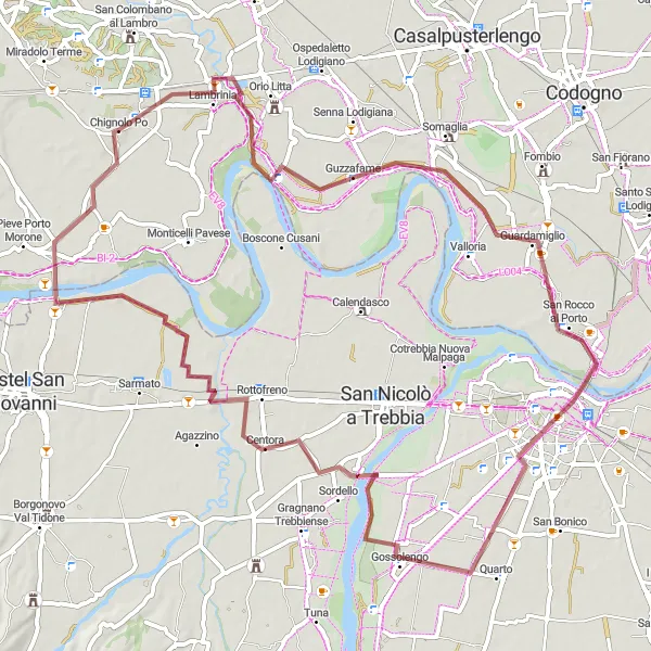 Miniatura della mappa di ispirazione al ciclismo "Avventura in bicicletta su sterrato da Chignolo Po a Badia Pavese" nella regione di Lombardia, Italy. Generata da Tarmacs.app, pianificatore di rotte ciclistiche