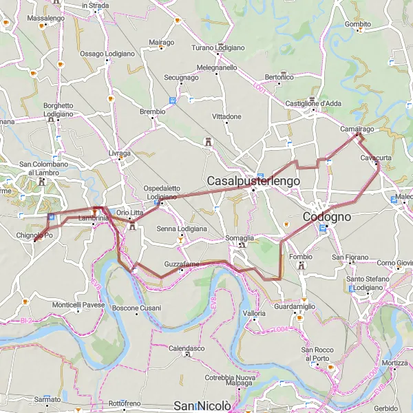 Miniatua del mapa de inspiración ciclista "Ruta de ciclismo de grava en Chignolo Po" en Lombardia, Italy. Generado por Tarmacs.app planificador de rutas ciclistas