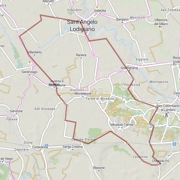 Miniatua del mapa de inspiración ciclista "Ruta de Inverno e Monteleone a San Colombano al Lambro" en Lombardia, Italy. Generado por Tarmacs.app planificador de rutas ciclistas