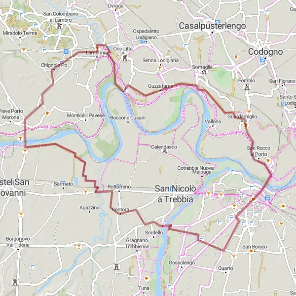 Kartminiatyr av "Grusväg cykeltur från Chignolo Po" cykelinspiration i Lombardia, Italy. Genererad av Tarmacs.app cykelruttplanerare