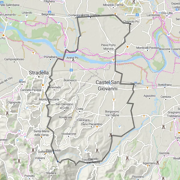 Kartminiatyr av "Upplev kullarna i Piacenza" cykelinspiration i Lombardia, Italy. Genererad av Tarmacs.app cykelruttplanerare