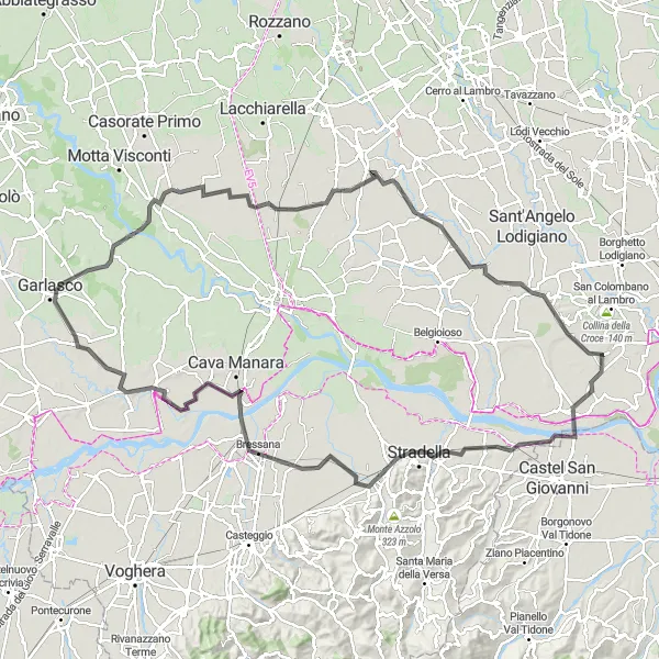 Miniatura della mappa di ispirazione al ciclismo "Giro dei Borghi Paviesi" nella regione di Lombardia, Italy. Generata da Tarmacs.app, pianificatore di rotte ciclistiche