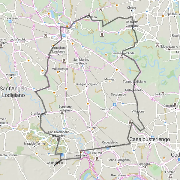 Kartminiatyr av "Landevei sykkeltur til Lodi" sykkelinspirasjon i Lombardia, Italy. Generert av Tarmacs.app sykkelrutoplanlegger