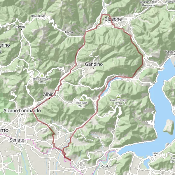 Miniatura della mappa di ispirazione al ciclismo "Esplorazione in bicicletta nei paesaggi collinari da Chiuduno a Ranzanico" nella regione di Lombardia, Italy. Generata da Tarmacs.app, pianificatore di rotte ciclistiche