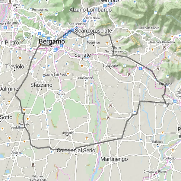 Miniatuurkaart van de fietsinspiratie "Tocht vanuit Chiuduno via Telgate en Bergamo naar Colle San Giovanni" in Lombardia, Italy. Gemaakt door de Tarmacs.app fietsrouteplanner