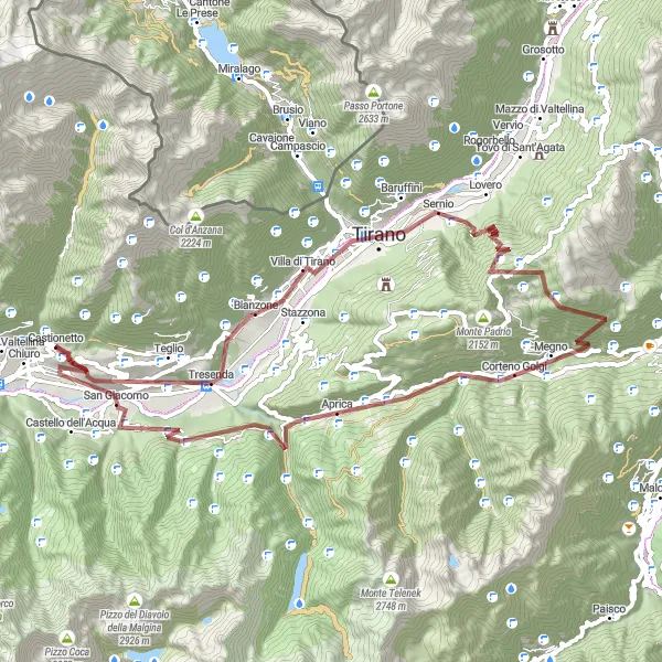 Miniaturní mapa "Památková cyklotrasa kolem Chiura" inspirace pro cyklisty v oblasti Lombardia, Italy. Vytvořeno pomocí plánovače tras Tarmacs.app