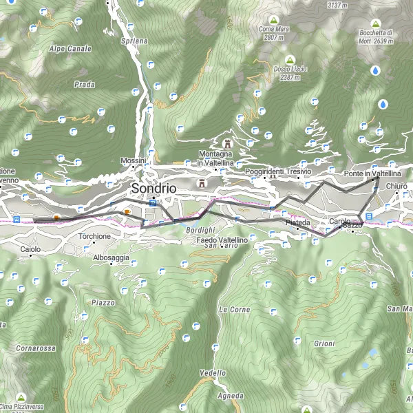 Karten-Miniaturansicht der Radinspiration "Chiuro-Poggiridenti Rundfahrt" in Lombardia, Italy. Erstellt vom Tarmacs.app-Routenplaner für Radtouren