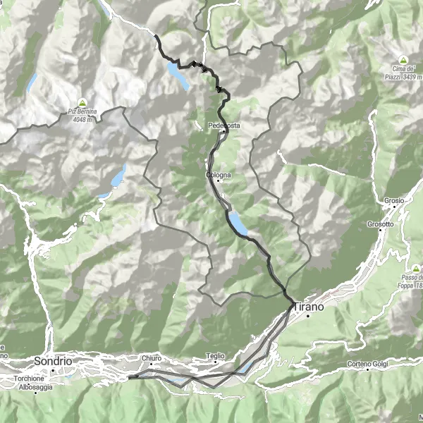 Miniatua del mapa de inspiración ciclista "Chiuro - Berninapass - Poschiavo Road Cycling Route" en Lombardia, Italy. Generado por Tarmacs.app planificador de rutas ciclistas