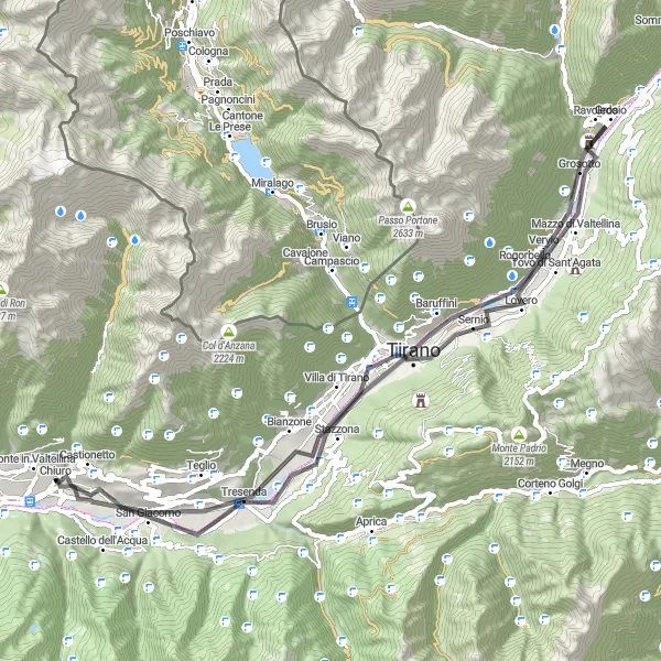 Map miniature of "Chiuro to Vallone" cycling inspiration in Lombardia, Italy. Generated by Tarmacs.app cycling route planner