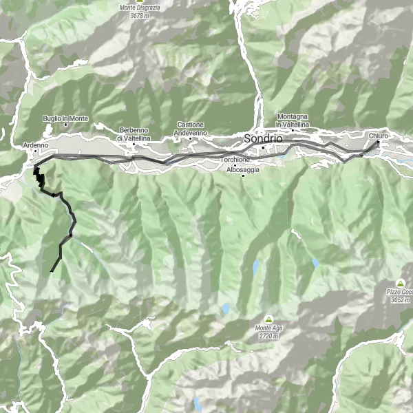 Mapa miniatúra "Chiuro - Sondrio - Tartano - Piateda - Chiuro" cyklistická inšpirácia v Lombardia, Italy. Vygenerované cyklistickým plánovačom trás Tarmacs.app