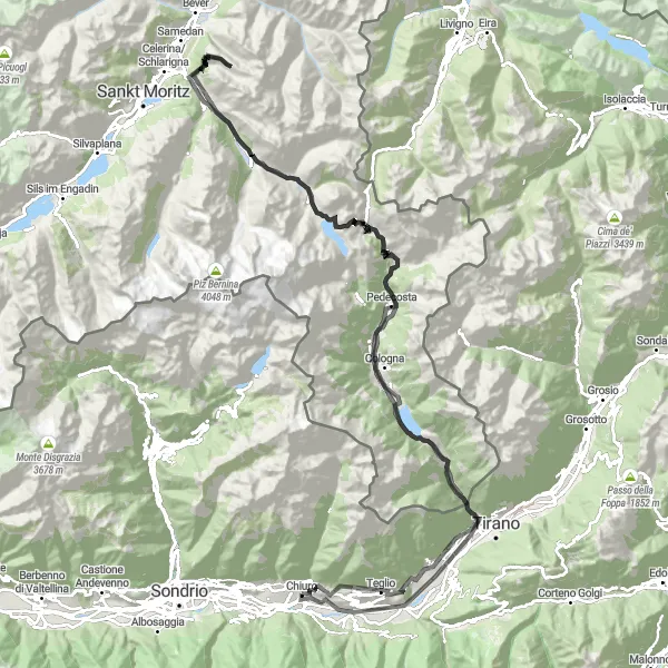 Miniaturekort af cykelinspirationen "Chiuro til Berninapass Cykelrute" i Lombardia, Italy. Genereret af Tarmacs.app cykelruteplanlægger