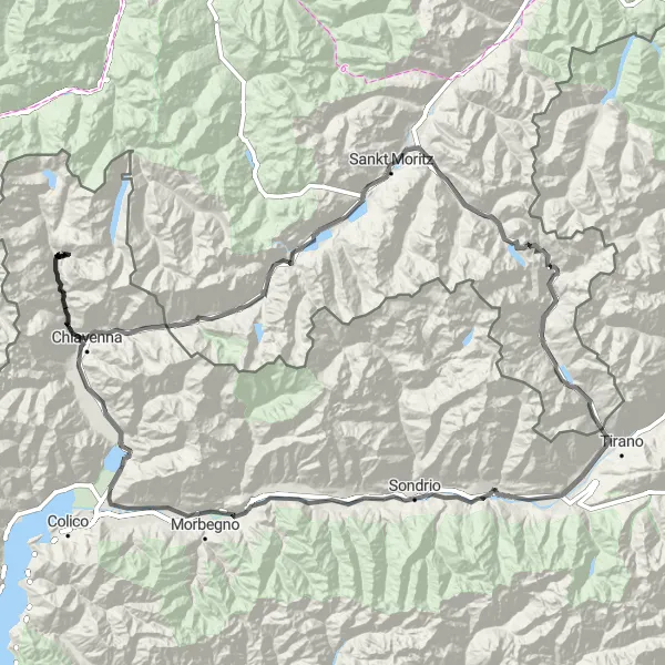 Kartminiatyr av "Chiuro til Berninapass via Maloja Pass og Engadin" sykkelinspirasjon i Lombardia, Italy. Generert av Tarmacs.app sykkelrutoplanlegger