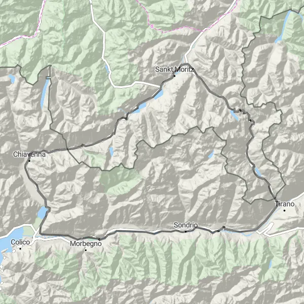 Kartminiatyr av "Chiuro til Berninapass via St. Moritz" sykkelinspirasjon i Lombardia, Italy. Generert av Tarmacs.app sykkelrutoplanlegger