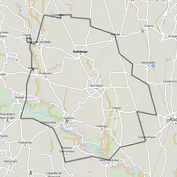 Miniatua del mapa de inspiración ciclista "Ruta corta de 63km desde Cigole a Pessina Cremonese" en Lombardia, Italy. Generado por Tarmacs.app planificador de rutas ciclistas