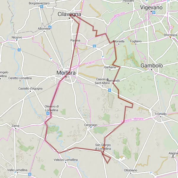 Miniatura della mappa di ispirazione al ciclismo "Giro in bicicletta da Cilavegna a Mortara" nella regione di Lombardia, Italy. Generata da Tarmacs.app, pianificatore di rotte ciclistiche