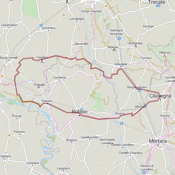 Map miniature of "Charming Gravel Loop near Cilavegna" cycling inspiration in Lombardia, Italy. Generated by Tarmacs.app cycling route planner