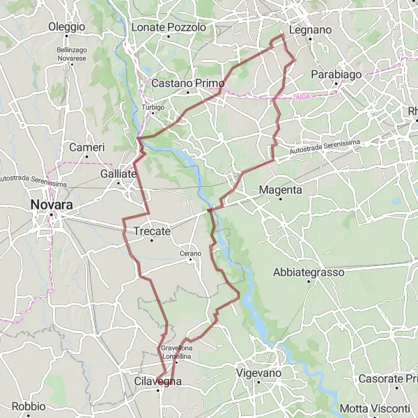 Karten-Miniaturansicht der Radinspiration "Abenteuerliche Gravellona Lomellina Route" in Lombardia, Italy. Erstellt vom Tarmacs.app-Routenplaner für Radtouren