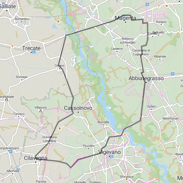 Miniatura della mappa di ispirazione al ciclismo "Giro in bicicletta da Cilavegna a Vigevano" nella regione di Lombardia, Italy. Generata da Tarmacs.app, pianificatore di rotte ciclistiche