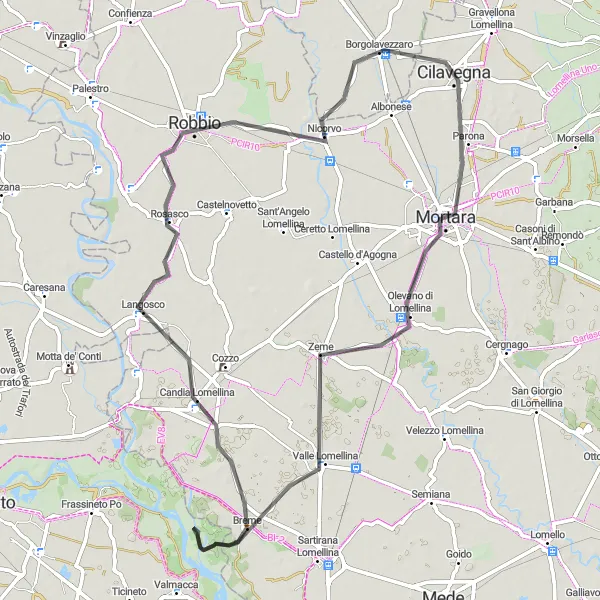 Miniature de la carte de l'inspiration cycliste "Tour de la région de Cilavegna" dans la Lombardia, Italy. Générée par le planificateur d'itinéraire cycliste Tarmacs.app