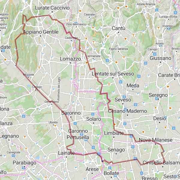 Map miniature of "Cinisello Balsamo - Gerenzano Gravel Trail" cycling inspiration in Lombardia, Italy. Generated by Tarmacs.app cycling route planner