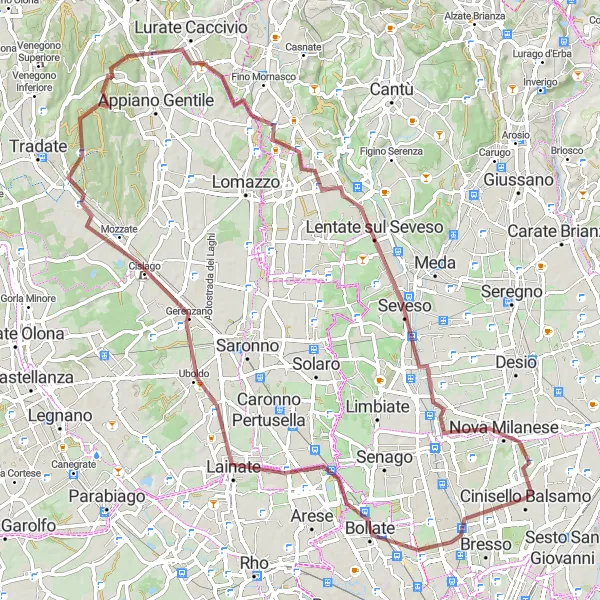 Zemljevid v pomanjšavi "Raziščite podeželske poti Gravell" kolesarske inspiracije v Lombardia, Italy. Generirano z načrtovalcem kolesarskih poti Tarmacs.app