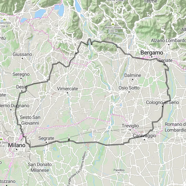 Miniatuurkaart van de fietsinspiratie "Road Trip door Bergamo en Brivio" in Lombardia, Italy. Gemaakt door de Tarmacs.app fietsrouteplanner