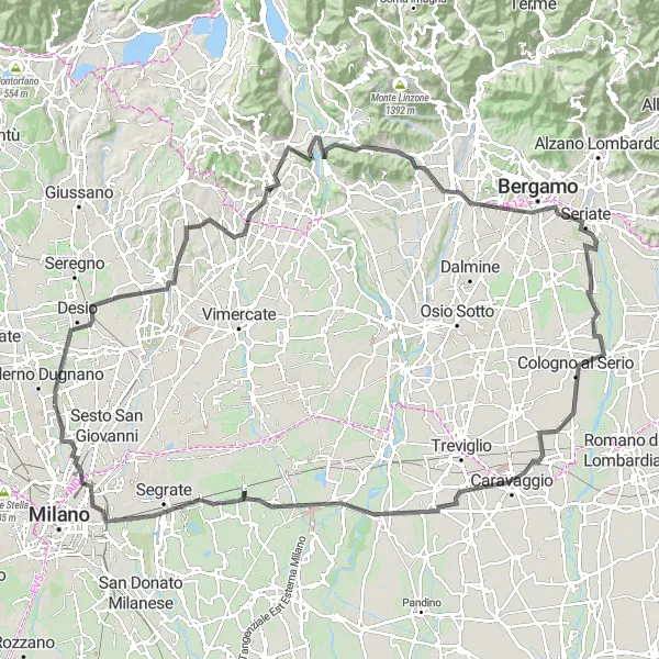 Map miniature of "Cinisello Balsamo - Bergamo Loop" cycling inspiration in Lombardia, Italy. Generated by Tarmacs.app cycling route planner