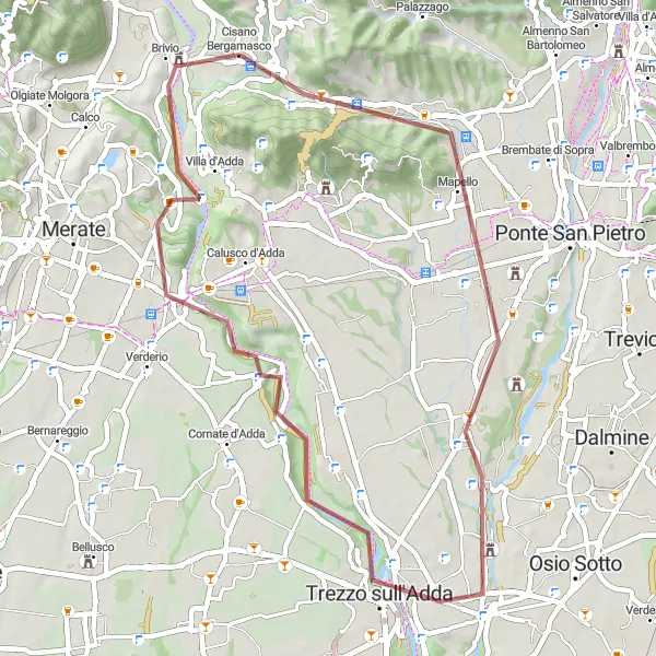 Map miniature of "The Gravel Adventure of Cisano Bergamasco" cycling inspiration in Lombardia, Italy. Generated by Tarmacs.app cycling route planner
