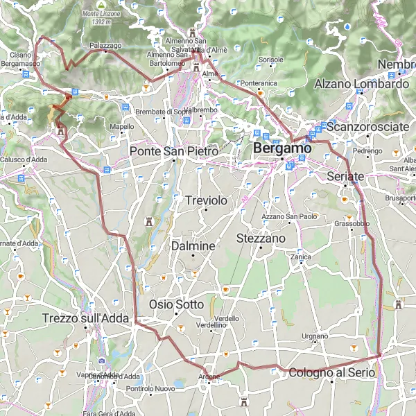 Miniatura della mappa di ispirazione al ciclismo "Tour in bicicletta da Palazzago a Caprino Bergamasco" nella regione di Lombardia, Italy. Generata da Tarmacs.app, pianificatore di rotte ciclistiche