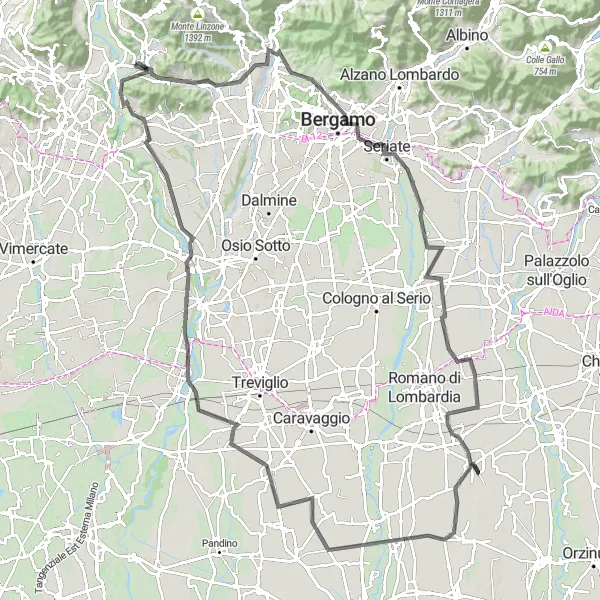 Miniatura della mappa di ispirazione al ciclismo "Giro in bici da Cisano Bergamasco a Trezzo sull'Adda" nella regione di Lombardia, Italy. Generata da Tarmacs.app, pianificatore di rotte ciclistiche