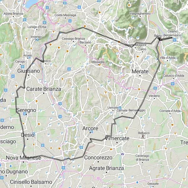 Kartminiatyr av "Cisano Bergamasco til Calco via Monte Robbio og Monza" sykkelinspirasjon i Lombardia, Italy. Generert av Tarmacs.app sykkelrutoplanlegger