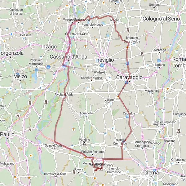 Miniatua del mapa de inspiración ciclista "Ruta de Ciclismo Gravel a través de Caravaggio y Rivolta d'Adda" en Lombardia, Italy. Generado por Tarmacs.app planificador de rutas ciclistas