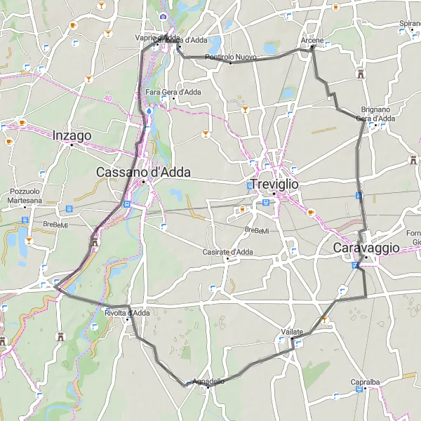 Miniatua del mapa de inspiración ciclista "Ruta de Ciclismo Road a través de Arcene y Vaprio d'Adda" en Lombardia, Italy. Generado por Tarmacs.app planificador de rutas ciclistas
