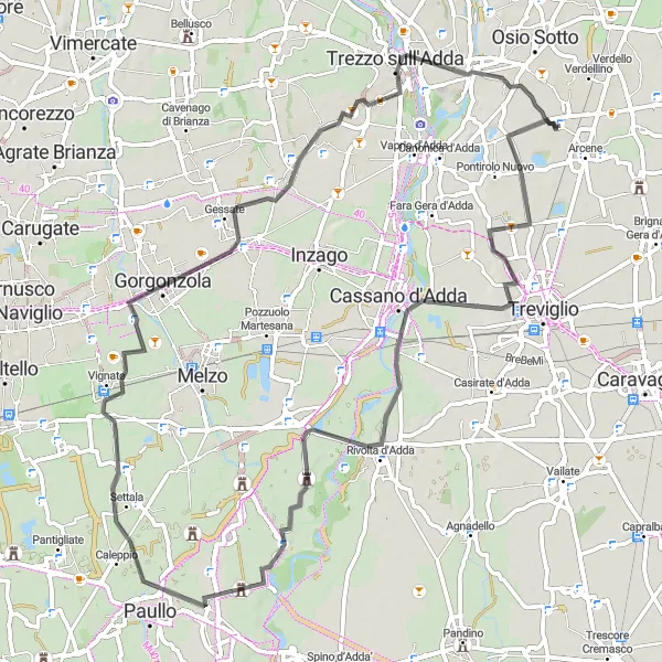 Miniatua del mapa de inspiración ciclista "Ruta Escénica de 74 km desde Ciserano a Brembate" en Lombardia, Italy. Generado por Tarmacs.app planificador de rutas ciclistas