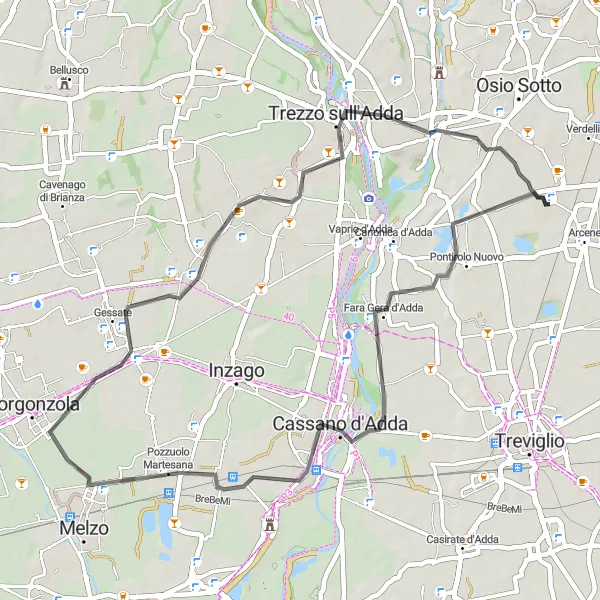 Mapa miniatúra "Cyklistická trasa cez Pozzuolo Martesana a Casa Bassi" cyklistická inšpirácia v Lombardia, Italy. Vygenerované cyklistickým plánovačom trás Tarmacs.app