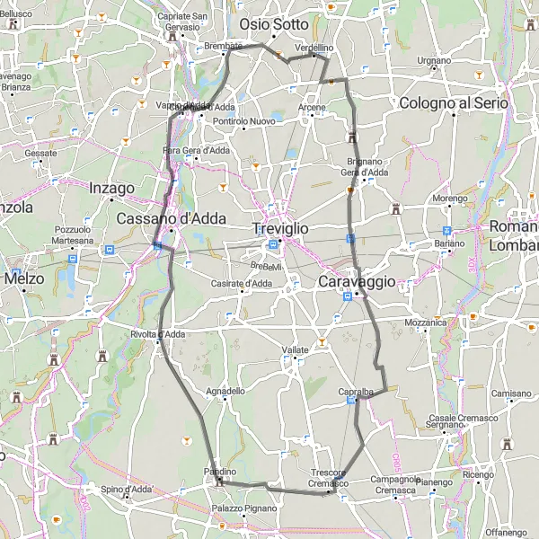 Miniaturní mapa "Okruh kolem Ciserano" inspirace pro cyklisty v oblasti Lombardia, Italy. Vytvořeno pomocí plánovače tras Tarmacs.app