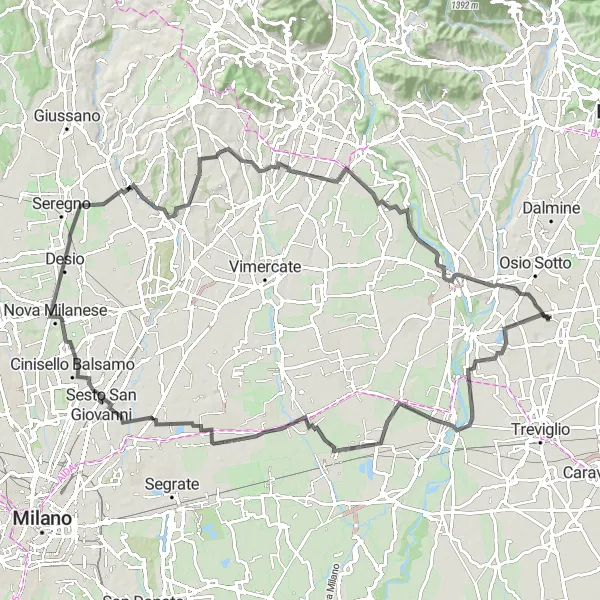 Map miniature of "Ciserano & Brembate Loop" cycling inspiration in Lombardia, Italy. Generated by Tarmacs.app cycling route planner