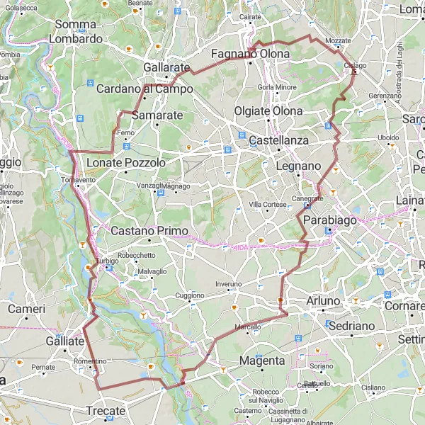 Miniatuurkaart van de fietsinspiratie "Gravel Route Cislago - Gallarate" in Lombardia, Italy. Gemaakt door de Tarmacs.app fietsrouteplanner