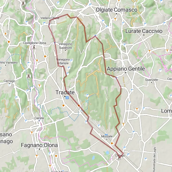 Miniatura della mappa di ispirazione al ciclismo "Passeggiata Gravel tra Tradate e Cislago" nella regione di Lombardia, Italy. Generata da Tarmacs.app, pianificatore di rotte ciclistiche