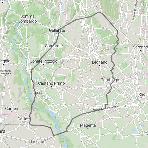 Miniatura della mappa di ispirazione al ciclismo "Road Tour delle Cascate e dei Laghi" nella regione di Lombardia, Italy. Generata da Tarmacs.app, pianificatore di rotte ciclistiche