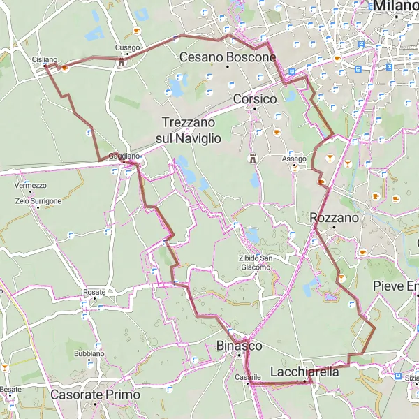 Mapa miniatúra "Gravelový výlet cez okolie Milána" cyklistická inšpirácia v Lombardia, Italy. Vygenerované cyklistickým plánovačom trás Tarmacs.app