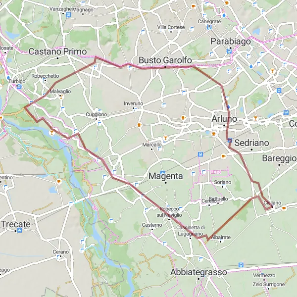 Mapa miniatúra "Gravelová trasa cez Robecco sul Naviglio - Boffalora sopra Ticino - Buscate - Busto Garolfo - Arluno - Cisliano" cyklistická inšpirácia v Lombardia, Italy. Vygenerované cyklistickým plánovačom trás Tarmacs.app