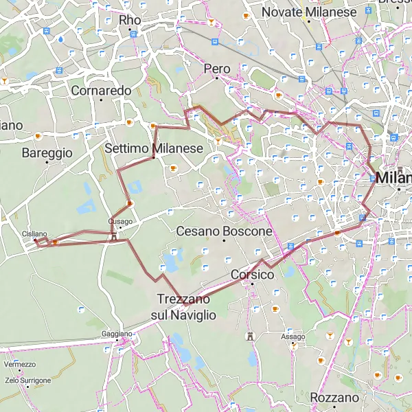 Map miniature of "The Western Milan Gravel Route" cycling inspiration in Lombardia, Italy. Generated by Tarmacs.app cycling route planner