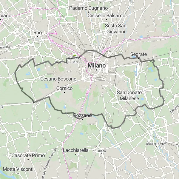 Mapa miniatúra "Cyklotrasa cez Settimo Milanese - Monte Stella - Segrate - San Giuliano Milanese - Locate di Triulzi - Gaggiano" cyklistická inšpirácia v Lombardia, Italy. Vygenerované cyklistickým plánovačom trás Tarmacs.app