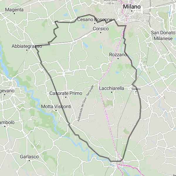 Mapa miniatúra "Cyklotrasa okolo Cesano Boscone - Pieve Emanuele - Bornasco - Pavia - Bereguardo - Vermezzo" cyklistická inšpirácia v Lombardia, Italy. Vygenerované cyklistickým plánovačom trás Tarmacs.app
