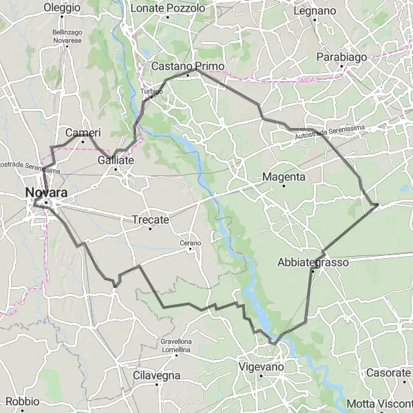 Mapa miniatúra "Okruhová cyklistická trasa Cisliano - Albairate - Novara - Galliate - Castano Primo - Ossona" cyklistická inšpirácia v Lombardia, Italy. Vygenerované cyklistickým plánovačom trás Tarmacs.app