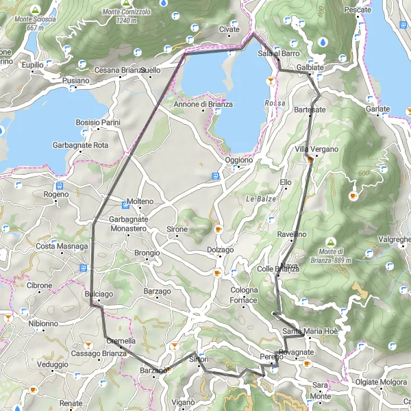 Miniatura della mappa di ispirazione al ciclismo "Scoperta delle colline di Brianza" nella regione di Lombardia, Italy. Generata da Tarmacs.app, pianificatore di rotte ciclistiche