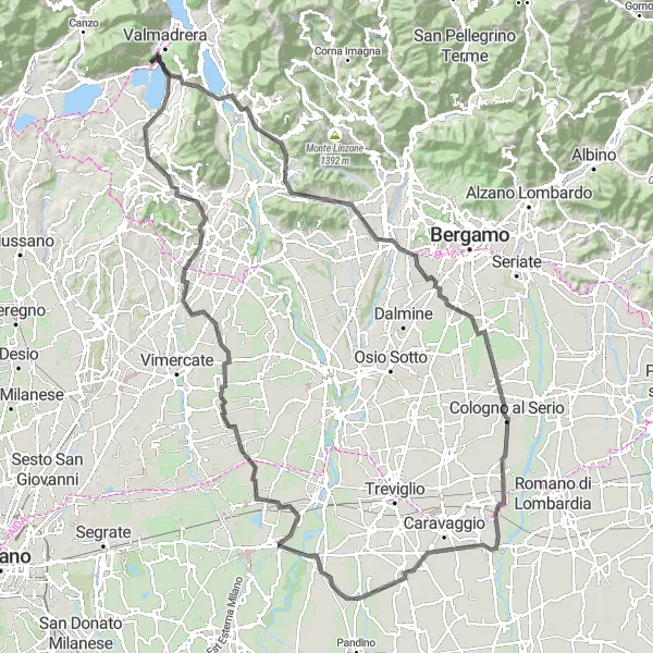 Kartminiatyr av "Äventyrlig cykeltur till Oggiono" cykelinspiration i Lombardia, Italy. Genererad av Tarmacs.app cykelruttplanerare