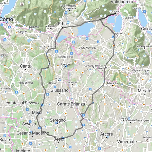 Mapa miniatúra "Okolo Mariano Comense" cyklistická inšpirácia v Lombardia, Italy. Vygenerované cyklistickým plánovačom trás Tarmacs.app